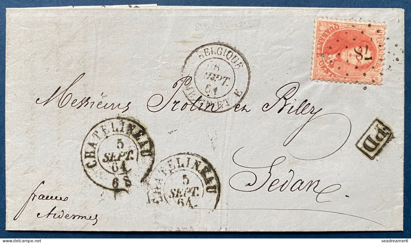 LETTRE Médaillon N°16A 40c Rouge Oblit GC N°78 De CHATELINEAU + Càd Entrée " BELG./ AMB.GIVET E " Pour SEDAN TTB - 1863-1864 Médaillons (13/16)