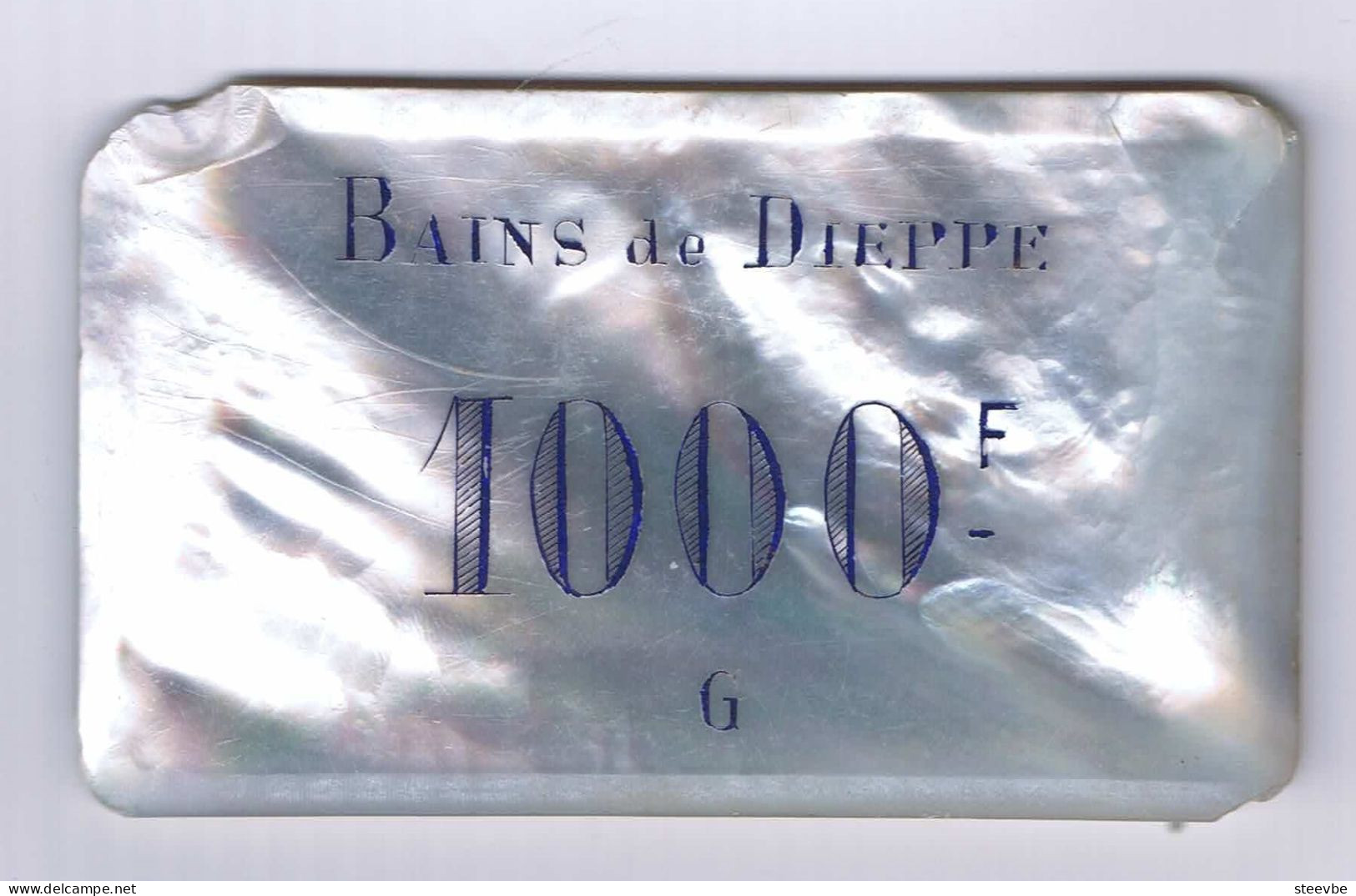 AA/ Casino Plaque Chip Fiche Jeton Nacre Mother Of Pearl 1000 FRF Bains De Dieppe France - Casino