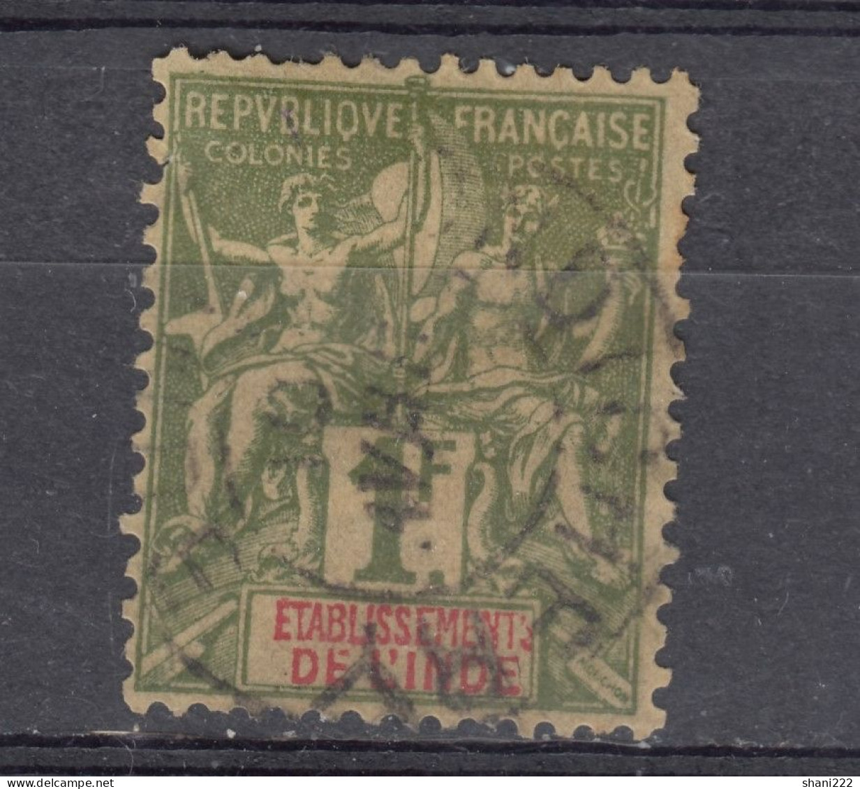 India - French Establishments, 1892 - Allegory - 1 Fr. Olive, Used (e-168) - Gebruikt