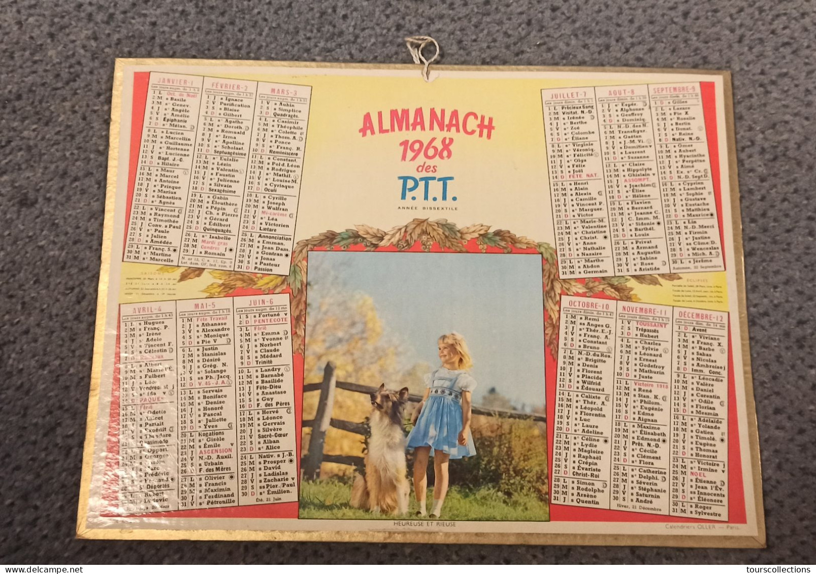 CALENDRIER 1968 POSTES PTT VIENNE Illustration Jeune Fille Blonde Et Son Chien Colley Style Lassie - Grand Format : 1961-70