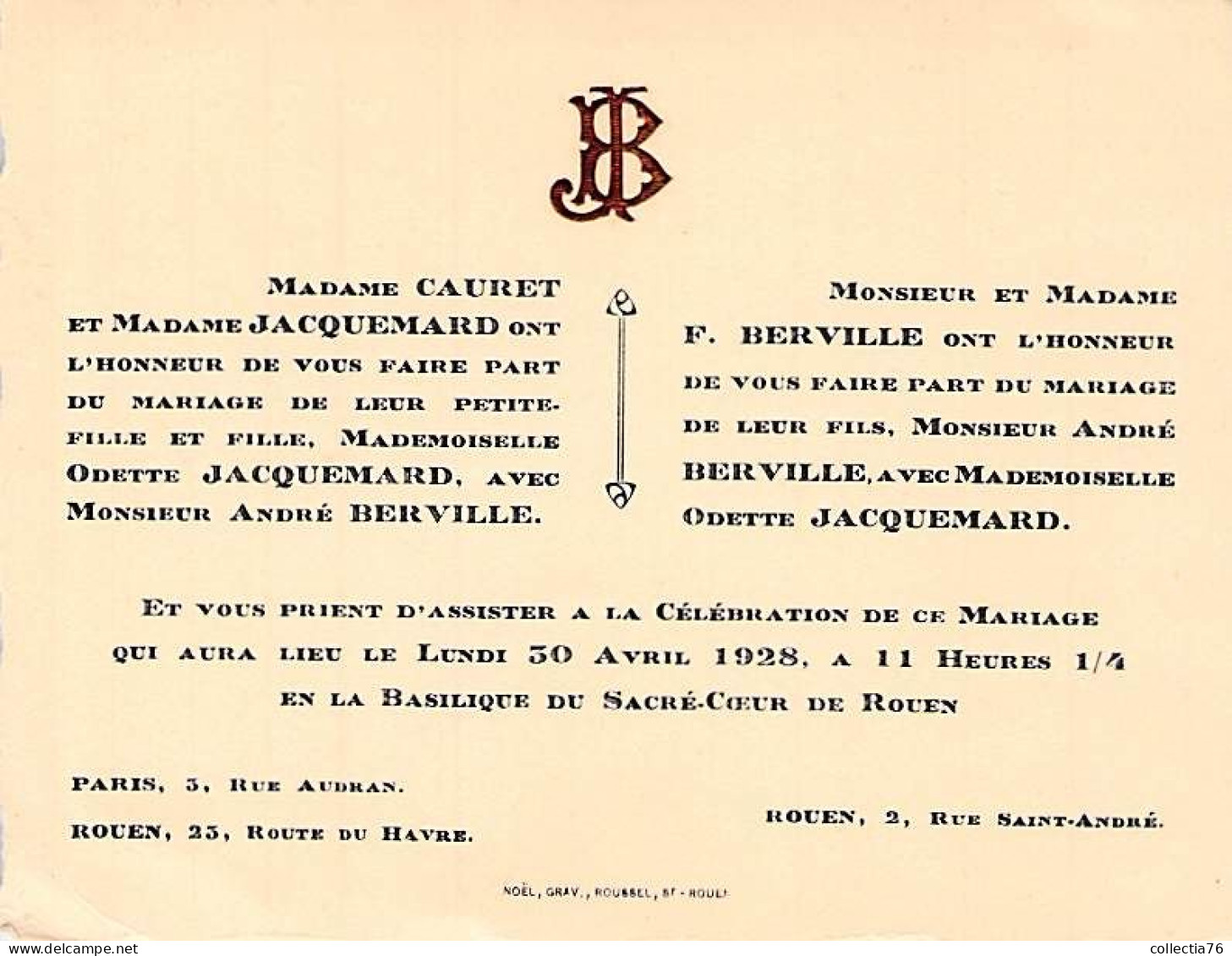 VIEUX PAPIERS FAIRE PART MARIAGE SEINE MARITIME ROUEN JACQUEMARD BERVILLE 1928 - Wedding