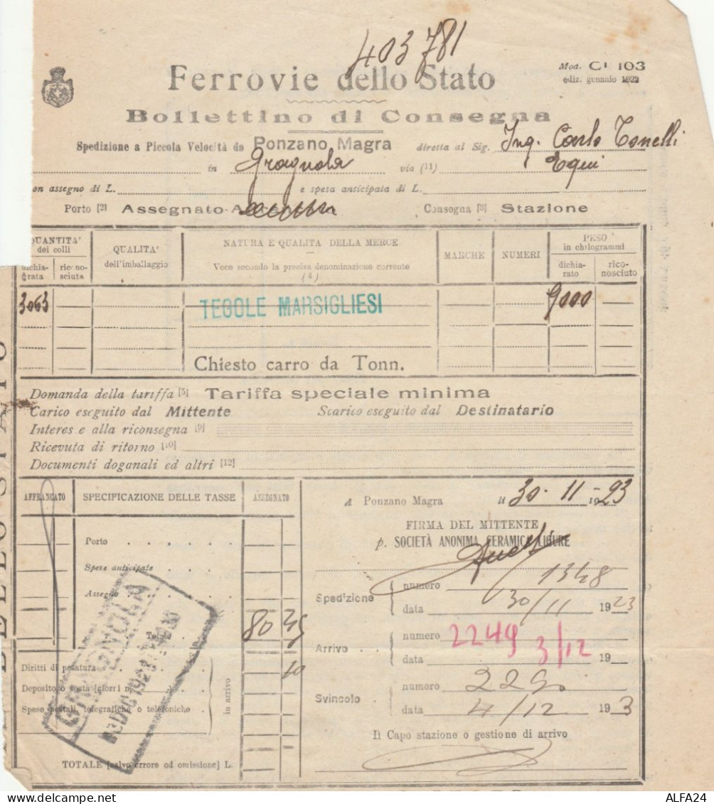 BOLLETTINO DI CONSEGNA FERROVIE 1923 GRAGNOLA (XF579 - Europe