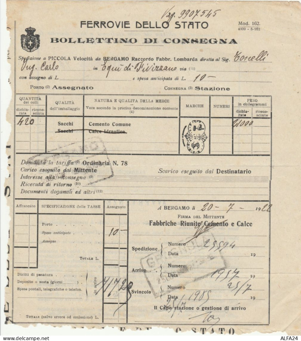 BOLLETTINO DI CONSEGNA FERROVIE 1929  (XF585 - Europe