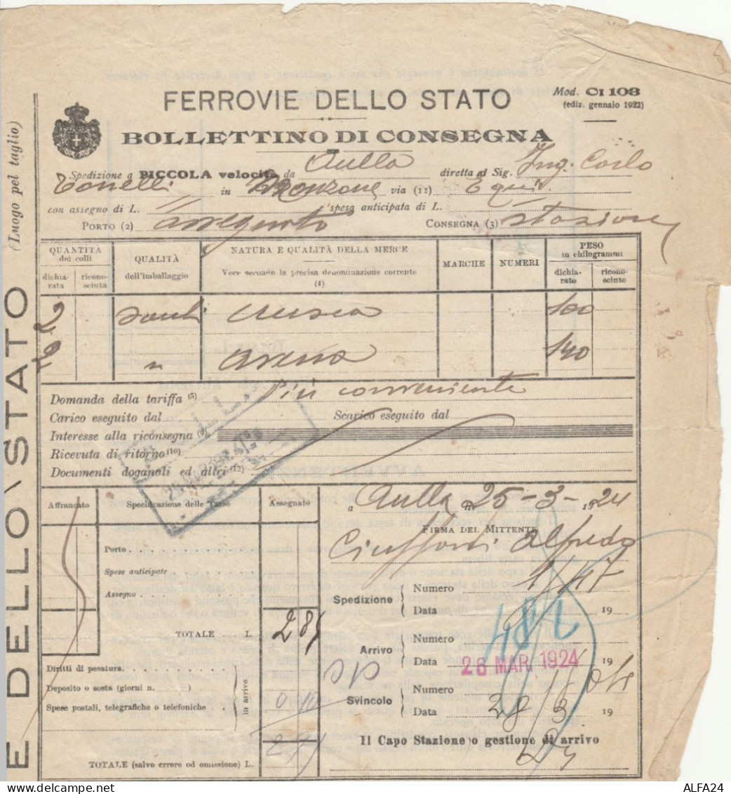 BOLLETTINO DI CONSEGNA FERROVIE 1924 AULLA (XF581 - Europe
