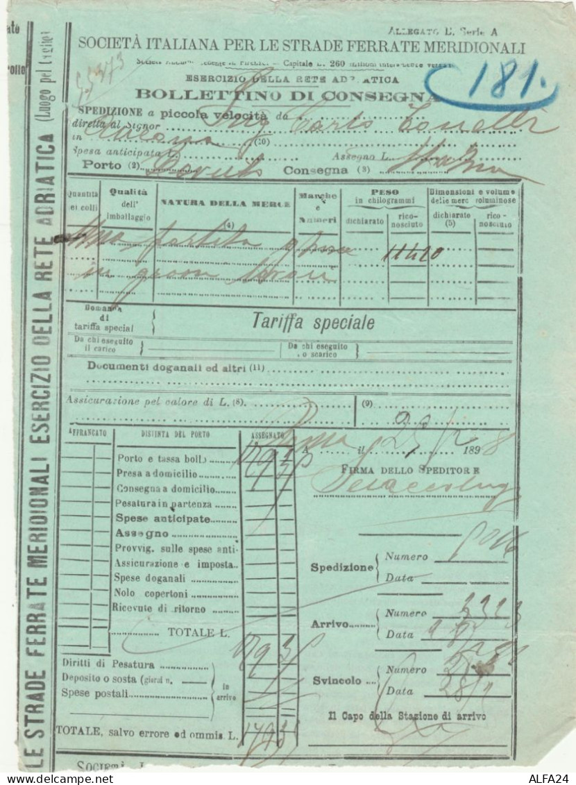 BOLLETTINO DI CONSEGNA STRADE FERRATE MERIDIONALI 1898  (XF573 - Europe