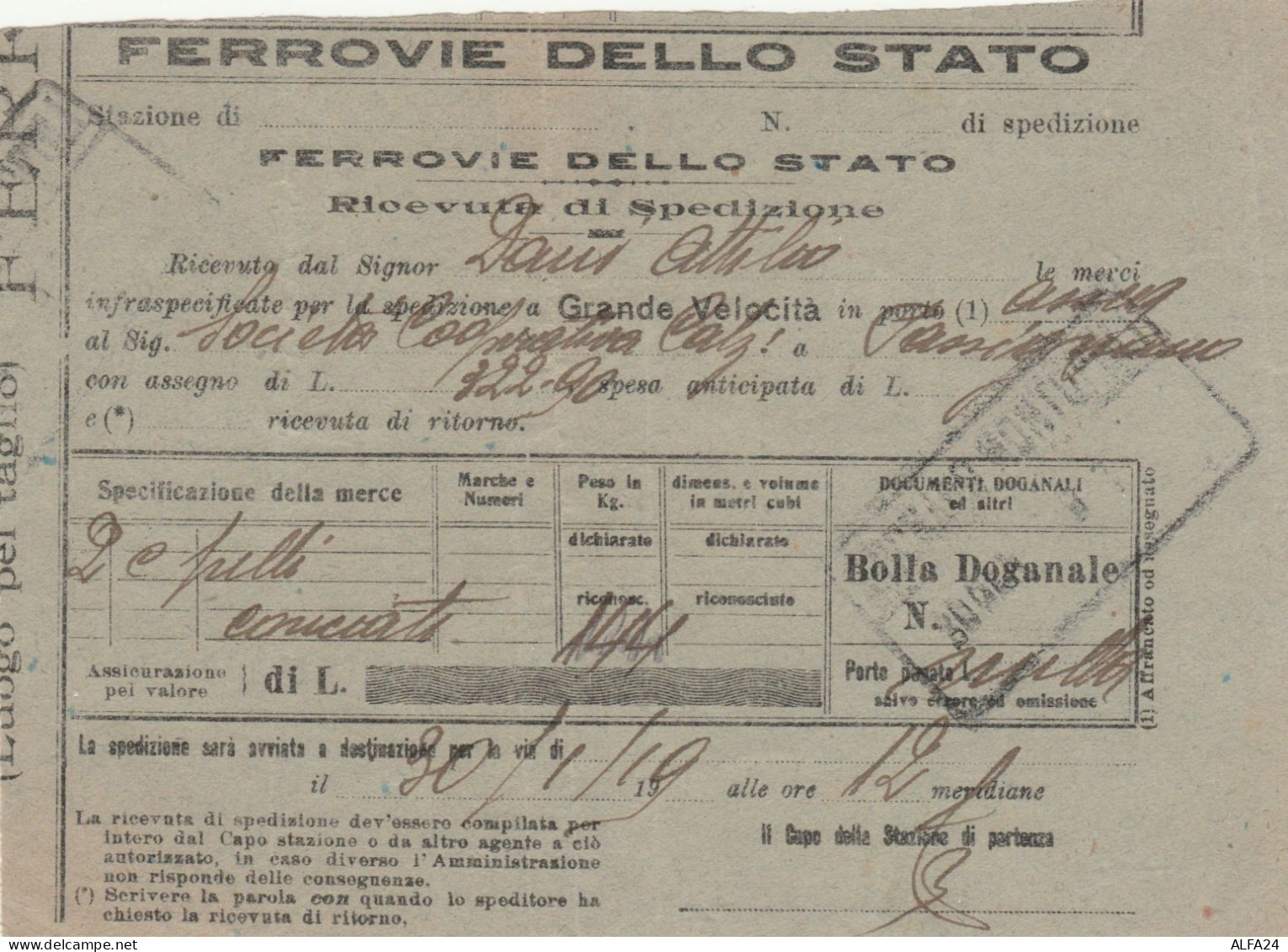 RICEVUTA SPEDIZIONE FERROVIE 1919 (XF466 - Europe