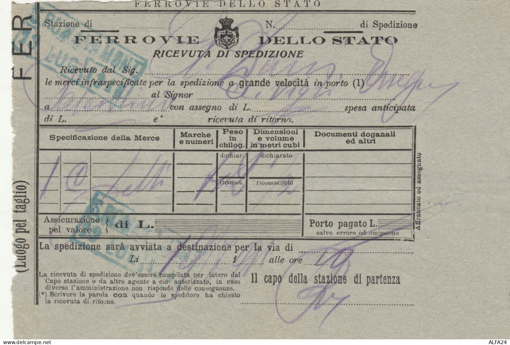 RICEVUTA SPEDIZIONE FERROVIE 1911 (XF465 - Europe