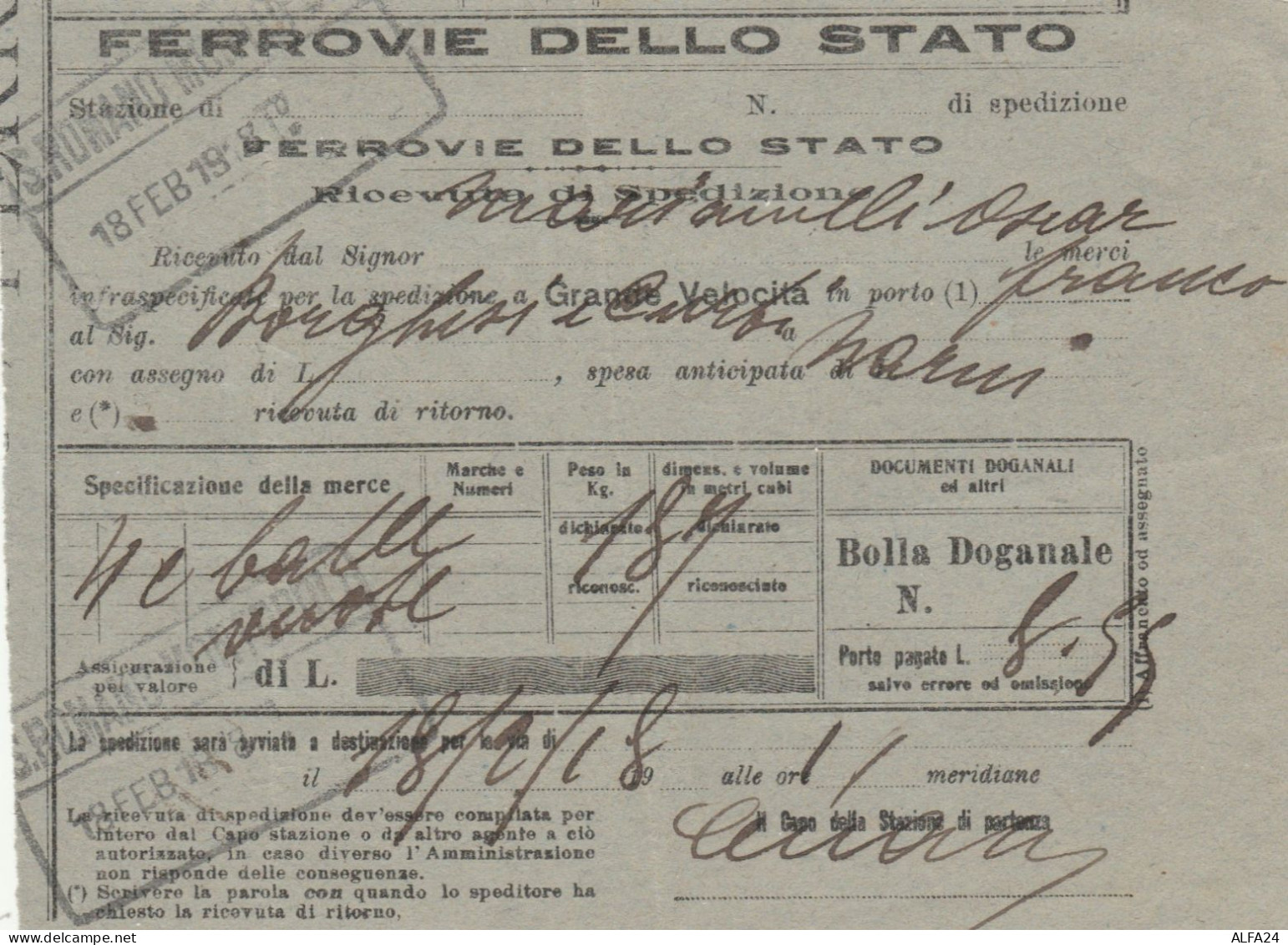 RICEVUTA SPEDIZIONE FERROVIE 1918 (XF462 - Europe