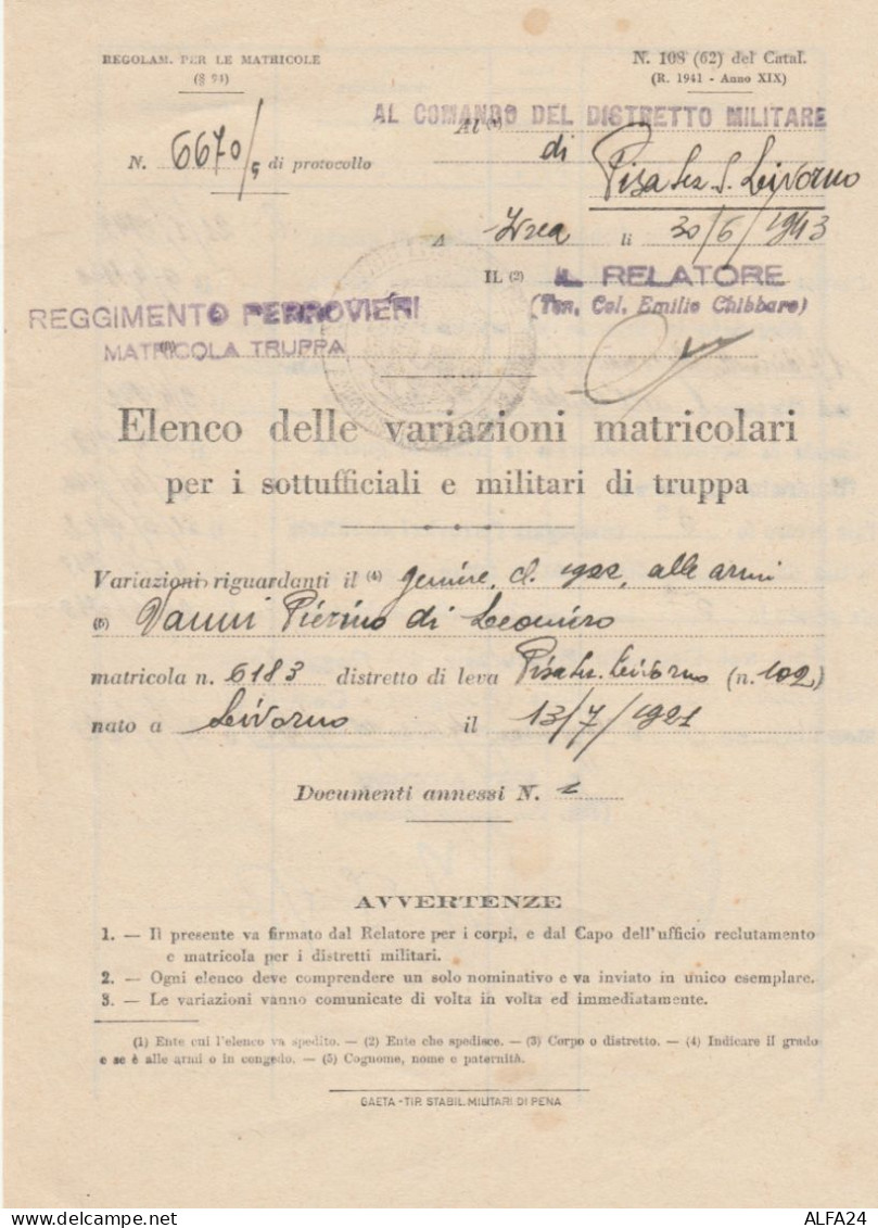 DOCUMENTO ELENCO DELLE VARIAZIONI MATRICOLARI 1943 -REGGIMENTO FERROVIERI (XF419 - Europa