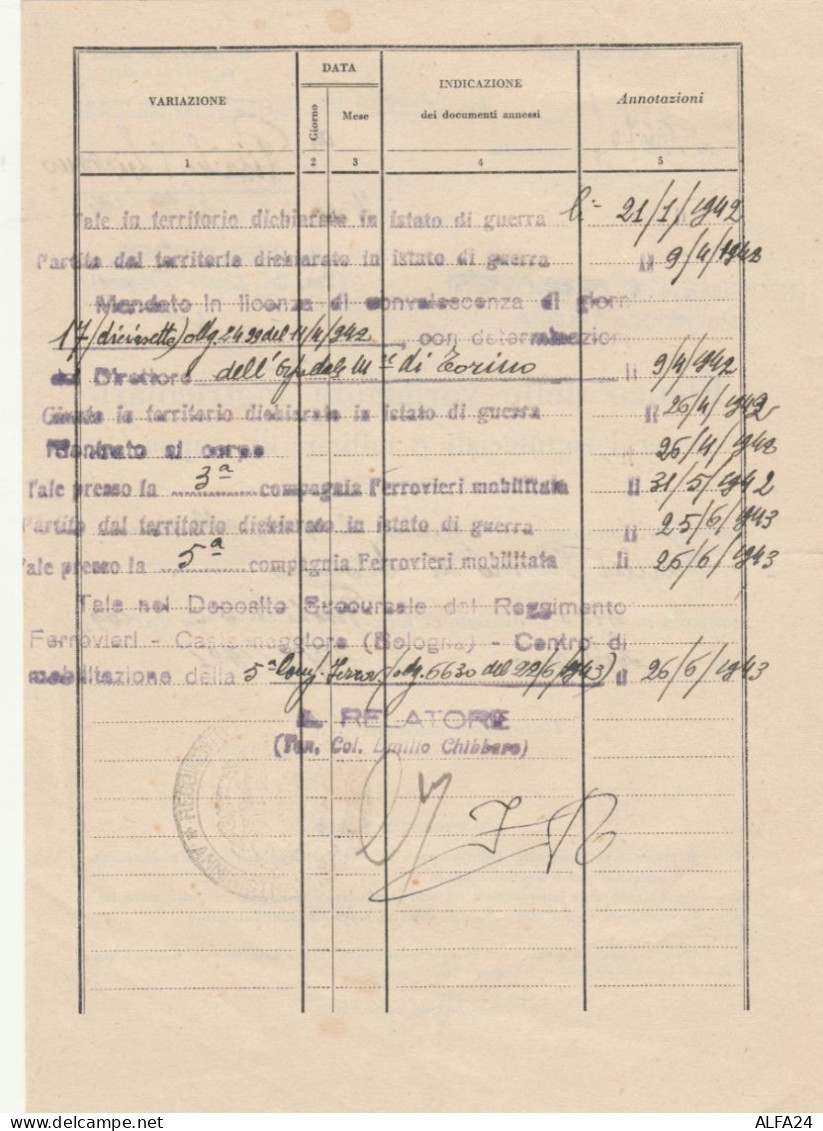 DOCUMENTO ELENCO DELLE VARIAZIONI MATRICOLARI 1943 -REGGIMENTO FERROVIERI (XF419 - Europa