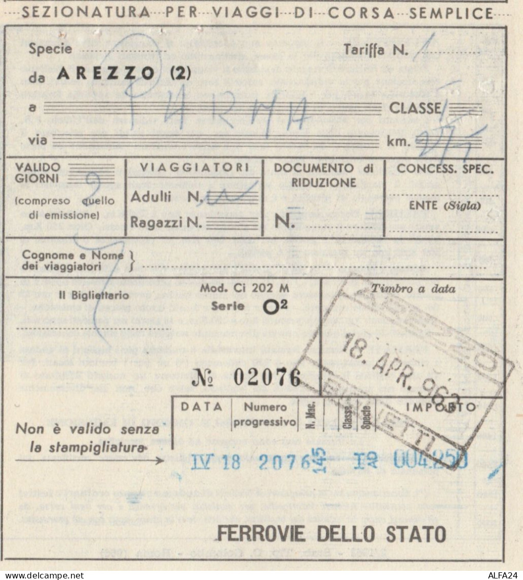 BIGLIETTO TRENO AREZZO 1963 (XF379 - Europa