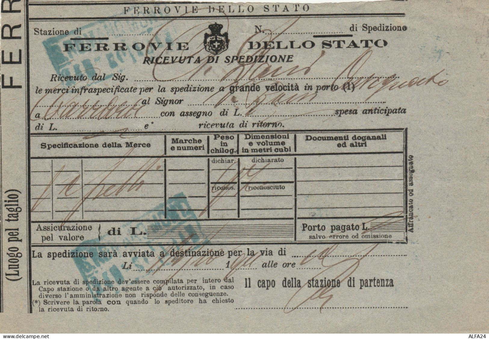 RICEVUTA SPEDIZIONE TRENO 1911 (XF366 - Europa