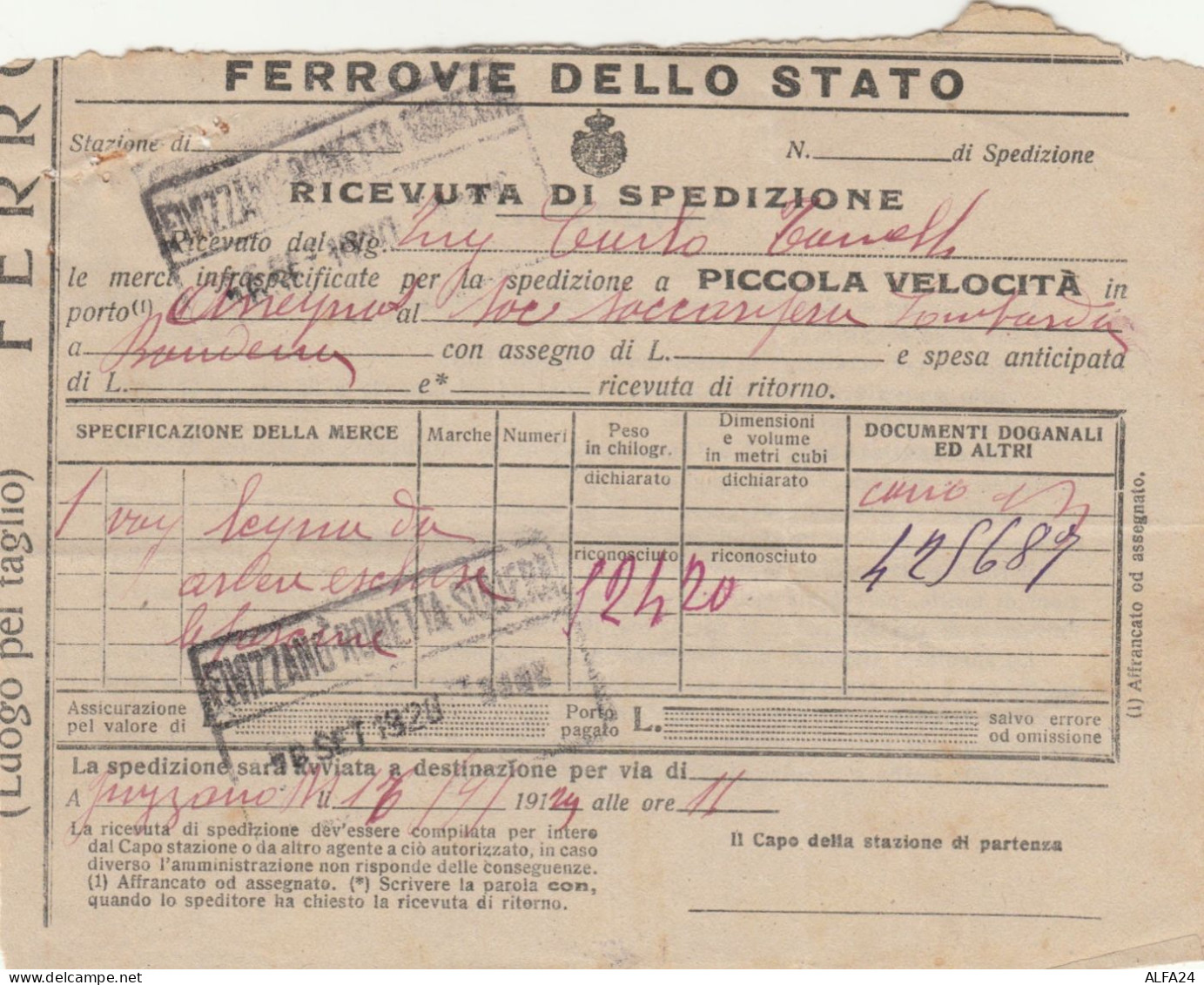 RICEVUTA SPEDIZIONE TRENO 1929 -TIMBRO FIVIZZANO (XF359 - Europa