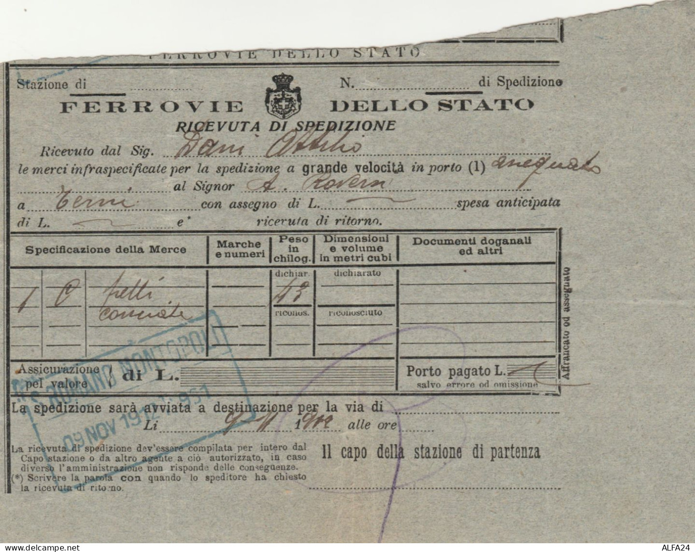 RICEVUTA SPEDIZIONE TRENO 1912 GRANDE VELOCITA' S.ROMANO MONTOPOLI (XF347 - Europe