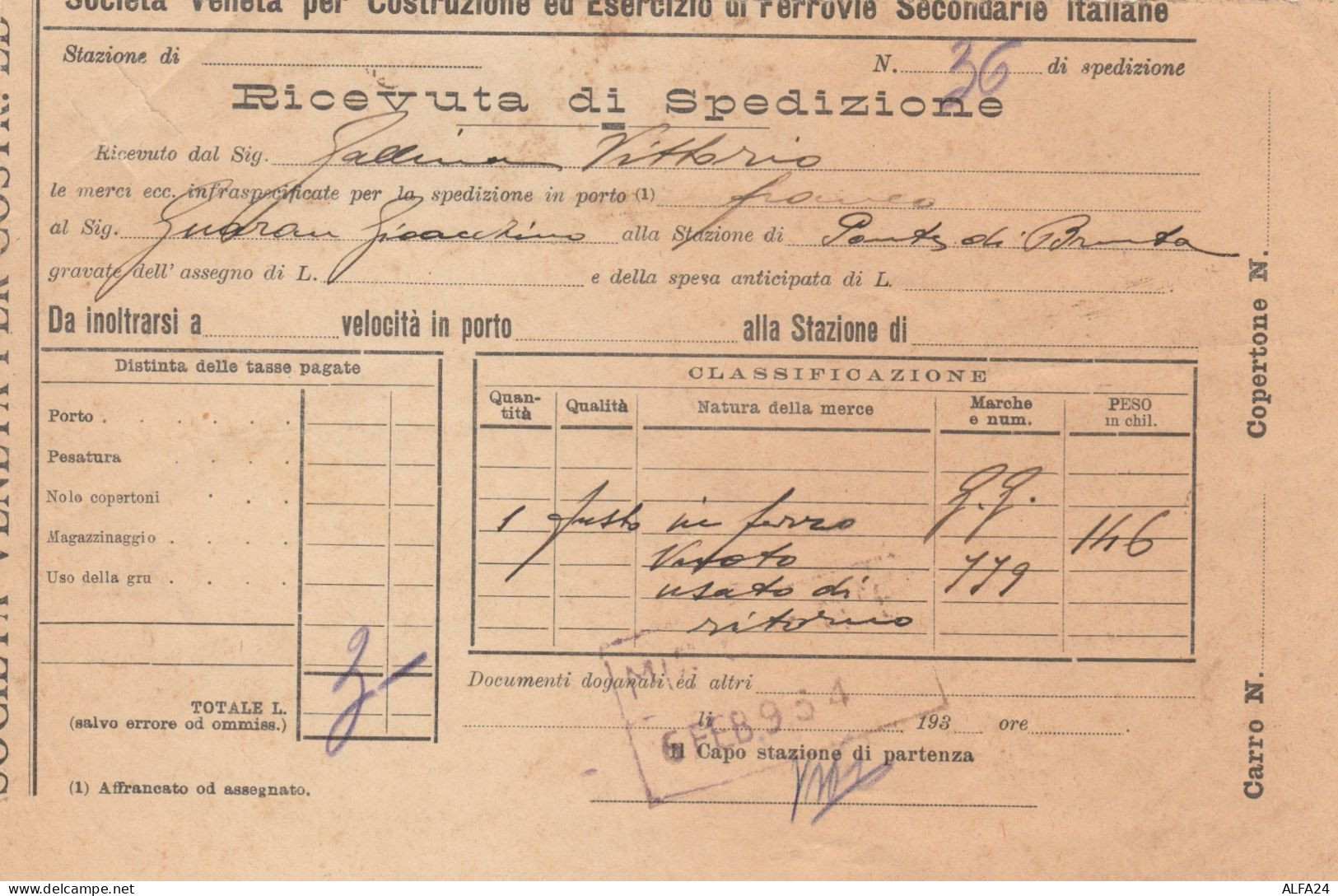 RICEVUTA SPEDIZIONE TRENO 1934 (XF342 - Europe