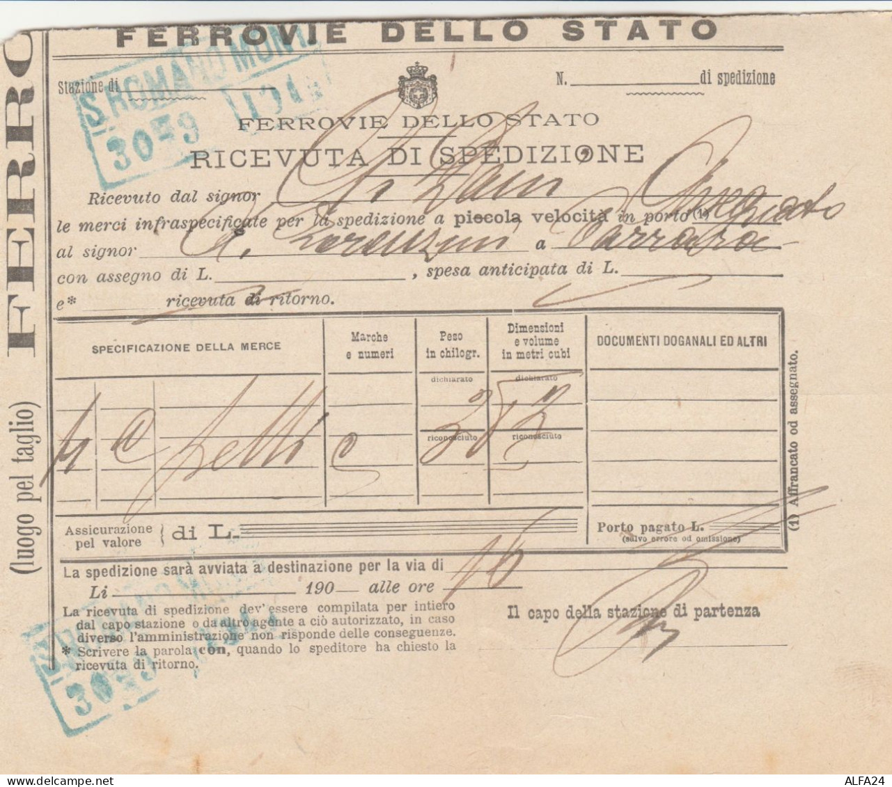 RICEVUTA SPEDIZIONE TRENO PRIMI 900 S.ROMANO PICCOLA VELOCITA (XF337 - Europa