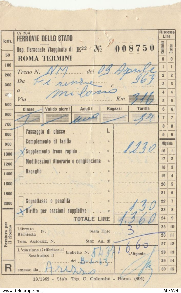 BIGLIETTO TRENO ROMA TERMINI 1963 (XF328 - Europe