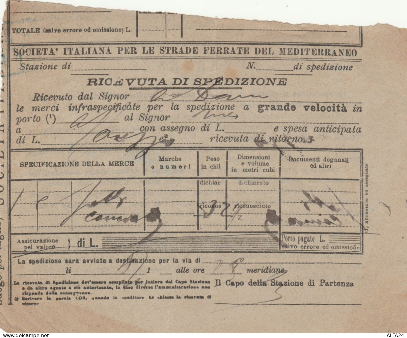 RICEVUTA SPEDIZIONE TRENO PRIMI 900 GRANDE VELOCITA (XF340 - Europa