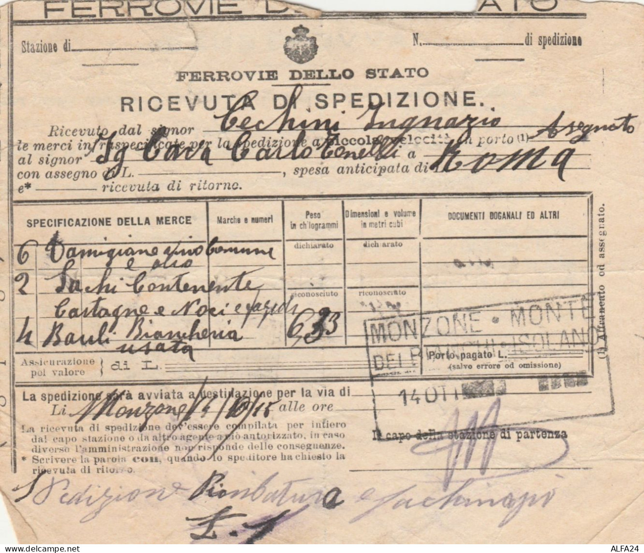 RICEVUTA SPEDIZIONE TRENO 1915 PICCOLA VELOCITA (XF339 - Europa