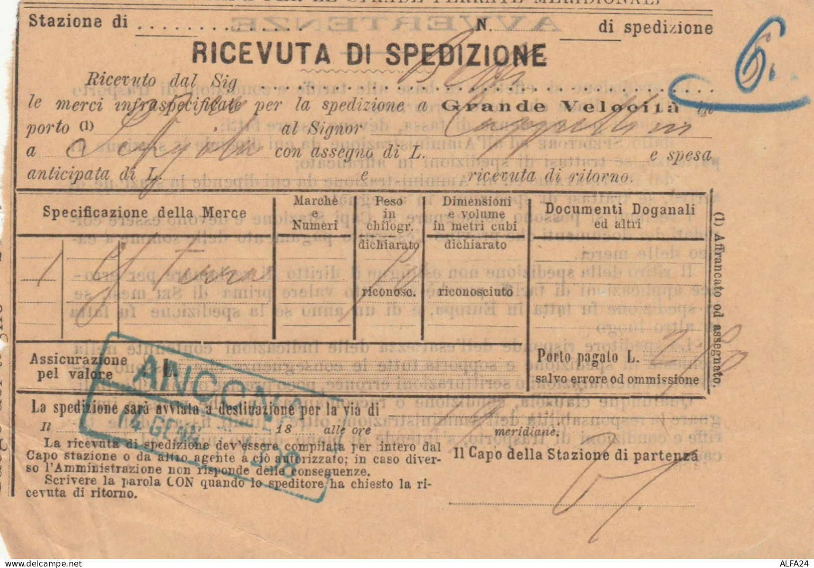 RICEVUTA SPEDIZIONE TRENO 1908 ANCONA-GRANDE VELOCITA (XF333 - Europe
