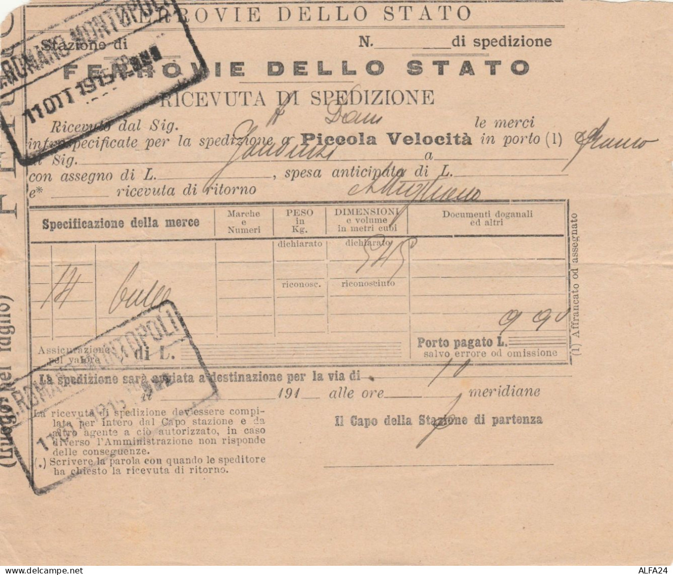 RICEVUTA SPEDIZIONE TRENO 1915 PICCOLA VELOCITA (XF336 - Europe