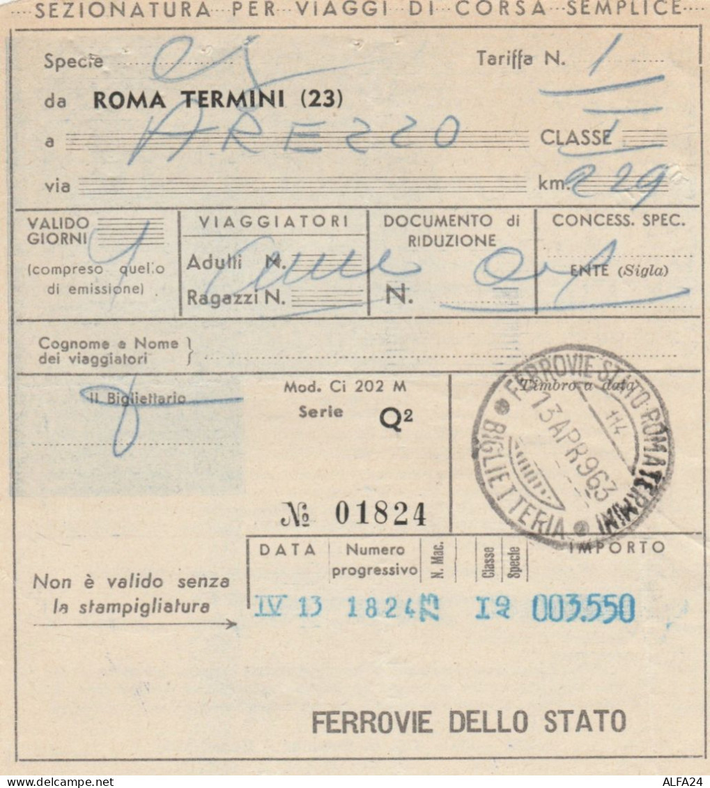 BIGLIETTO TRENO ROMA TERMINI AREZZO 1963 (XF326 - Europa