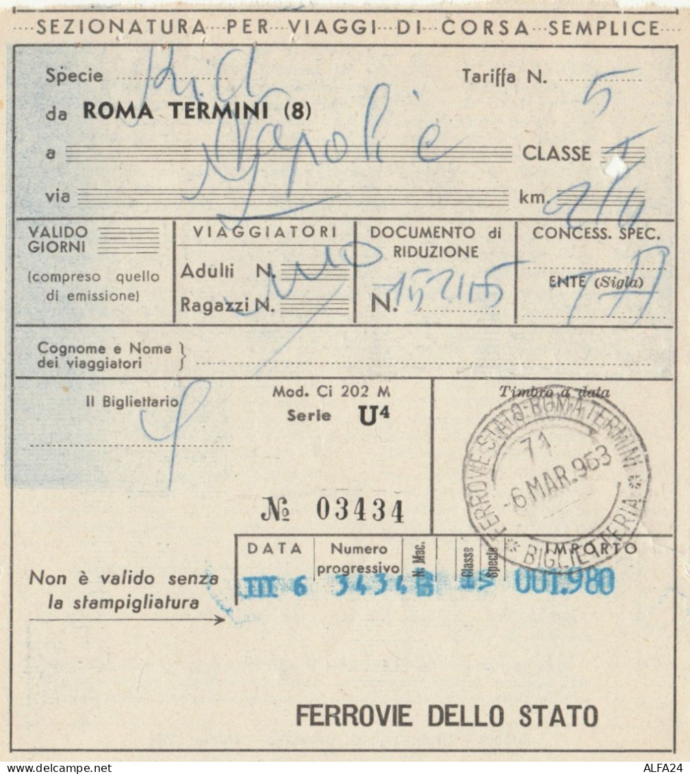 BIGLIETTO TRENO ROMA NAPOLI 1963 (XF323 - Europe