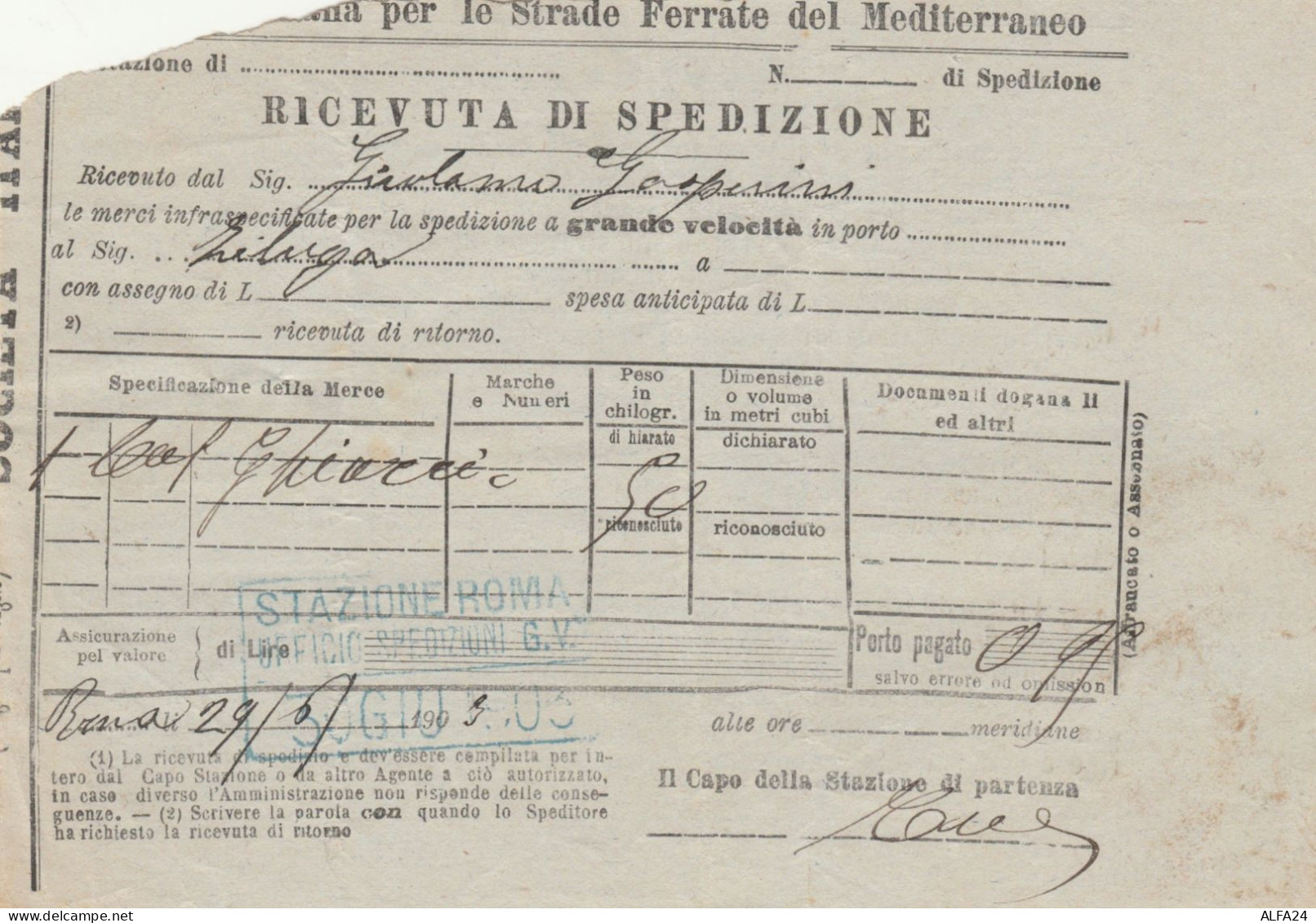 RICEVUTA SPEDIZIONE TRENO 1903 STRADE FERRATE DEL MEDITERRANEO (XF331 - Europa