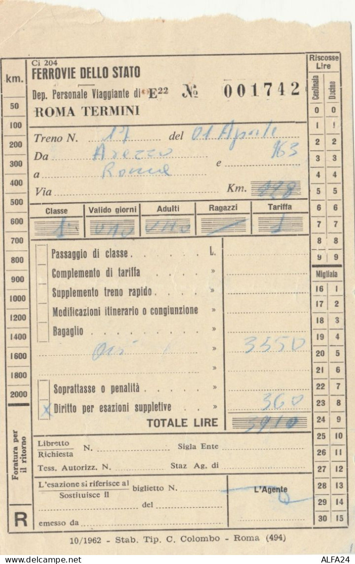 BIGLIETTO TRENO ROMA TERMINI AREZZO 1963 (XF321 - Europe