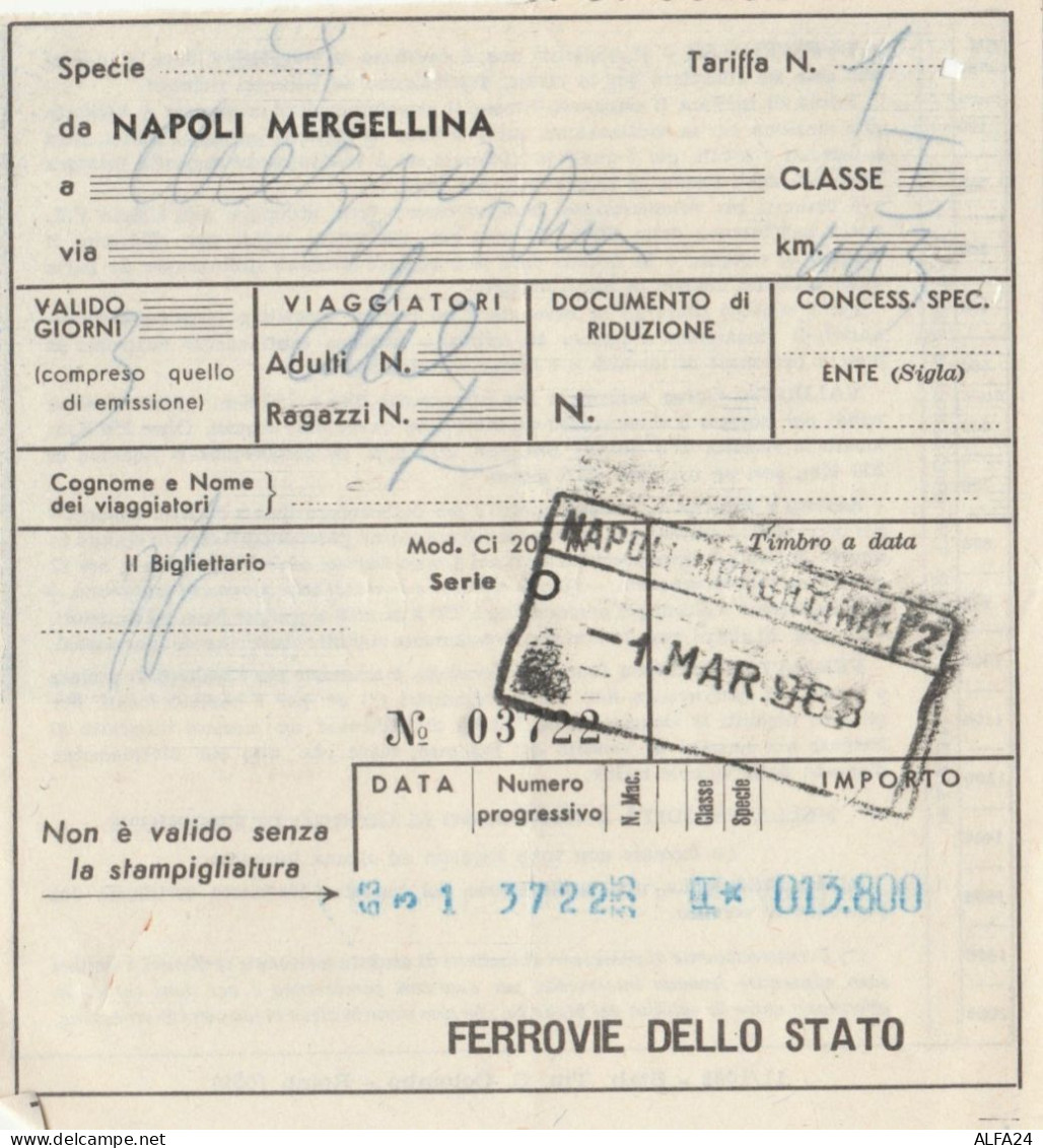 BIGLIETTO TRENO NAPOLI MERGELLINA 1963 (XF306 - Europe