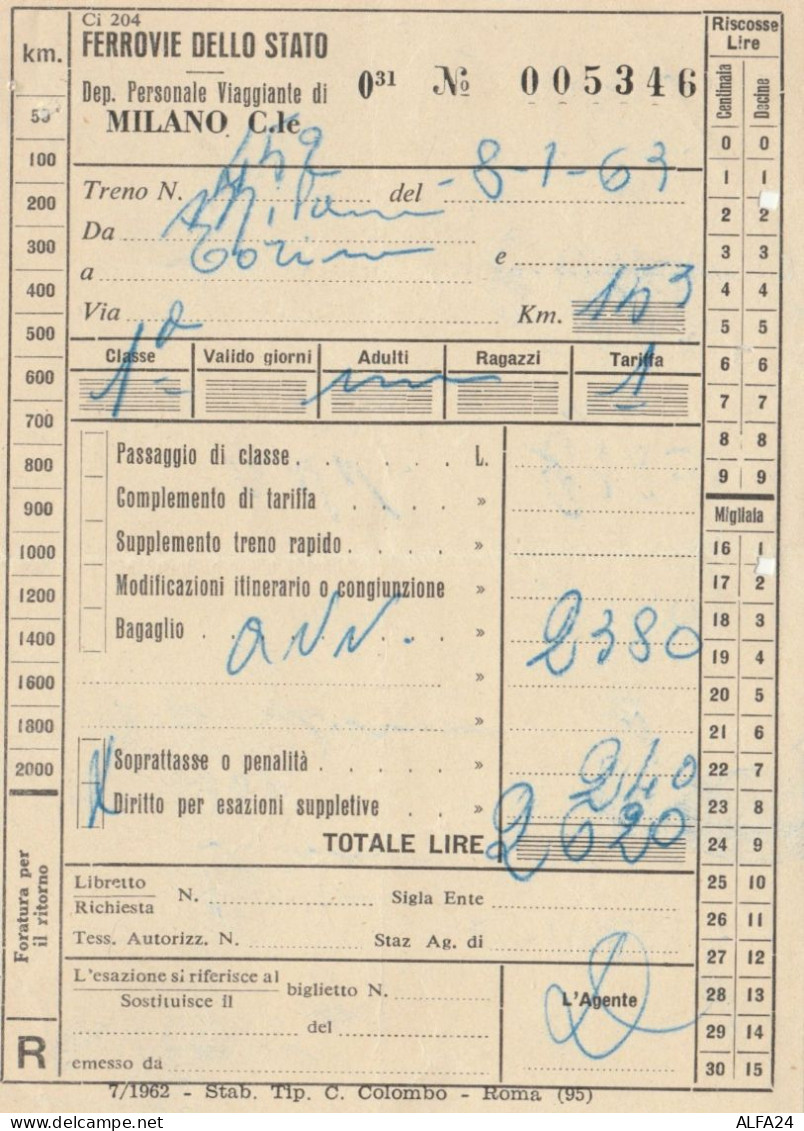 BIGLIETTO TRENO MILANO 1963 (XF303 - Europe