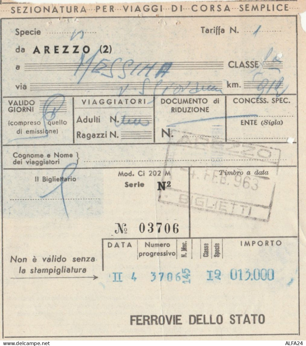 BIGLIETTO TRENO AREZZO MESSINA 1963 (XF298 - Europa