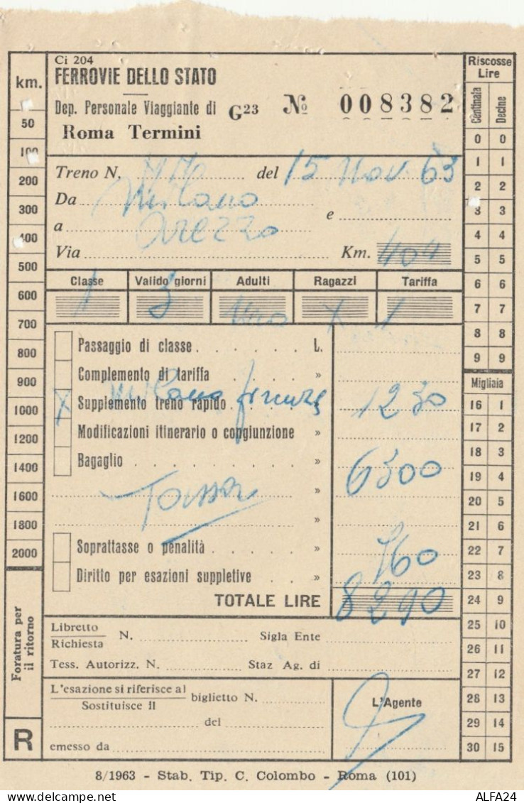 BIGLIETTO TRENO 1963 ROMA TERMINI MILANO AREZZO (XF284 - Europa