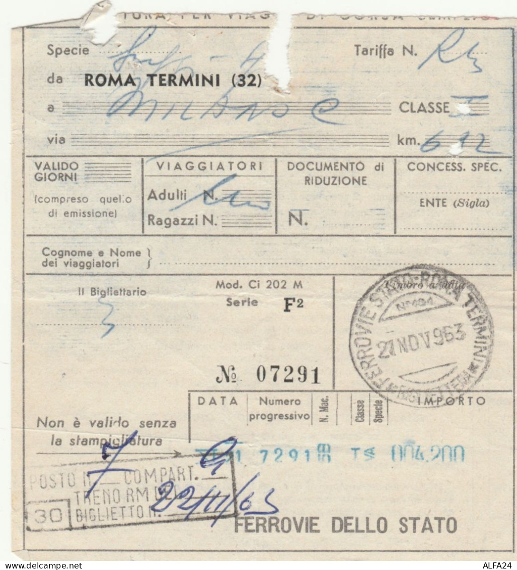 BIGLIETTO TRENO 1963 ROMA TERMINI MILANO (XF282 - Europa