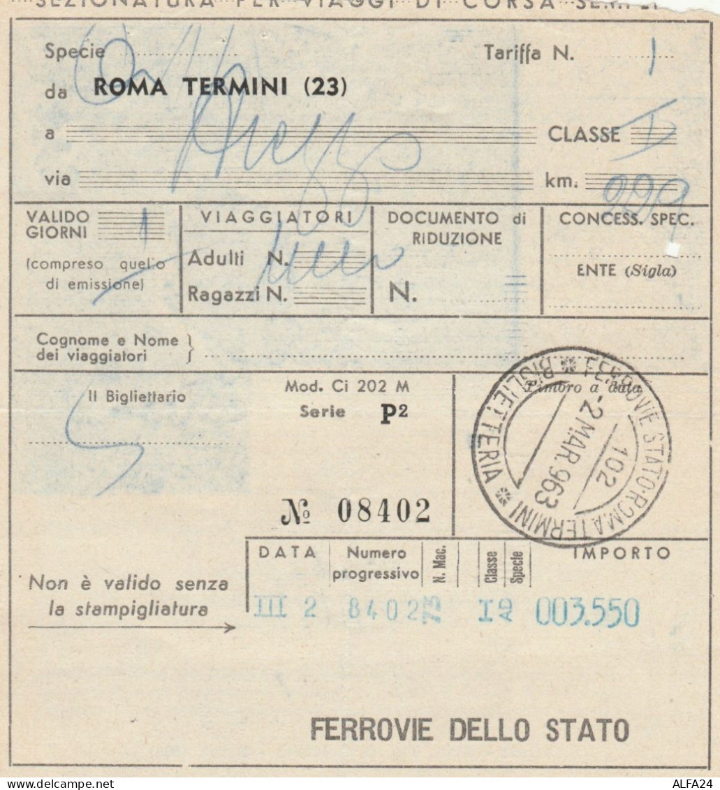 BIGLIETTO TRENO 1963 ROMA TERMINI AREZZO (XF278 - Europa