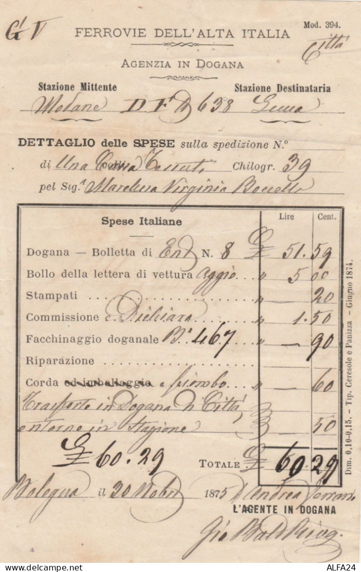 RICEVUTA FERROVIE DELL'ALTA ITALIA 1875 AGENZIA IN DOGANA (XF262 - Europa