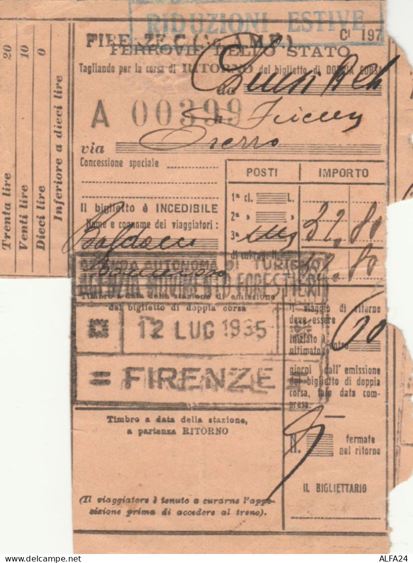 BIGLIETTO TRENO 1935 FIRENZE -RIDUZIONI ESTIVE (XF255 - Europa