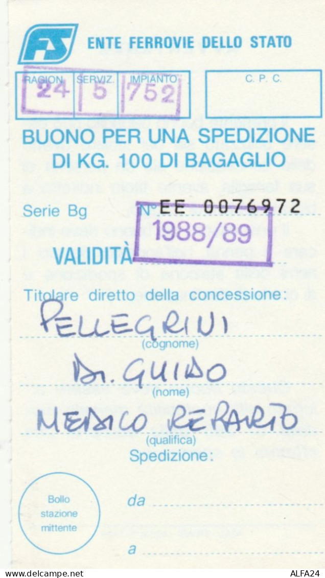 BUONO FERROVIE SPEDIZIONE BAGAGLIO 100 KG 1988-89 (XF225 - Europe
