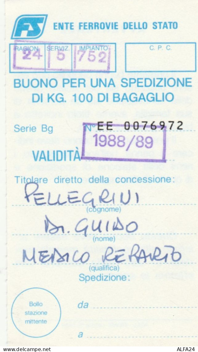 BUONO FERROVIE SPEDIZIONE BAGAGLIO 100 KG 1988-89 (XF225 - Europa