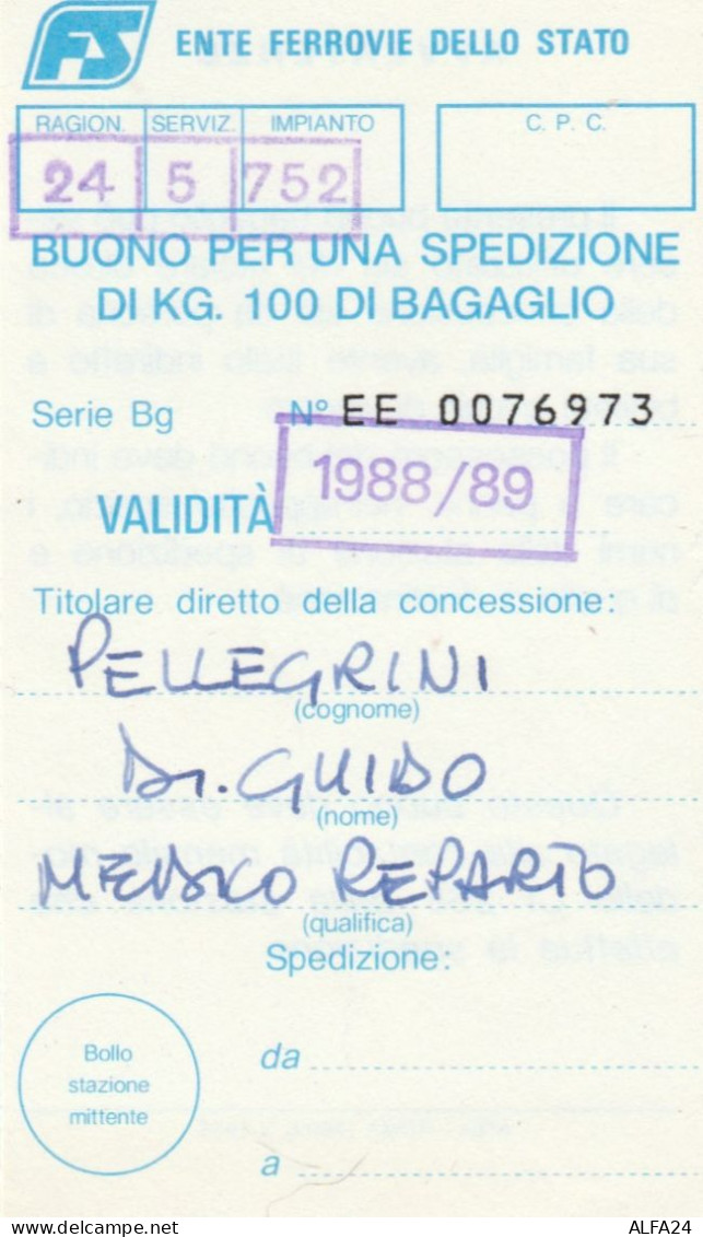 BUONO FERROVIE SPEDIZIONE BAGAGLIO 100 KG 1988-89 (XF224 - Europe