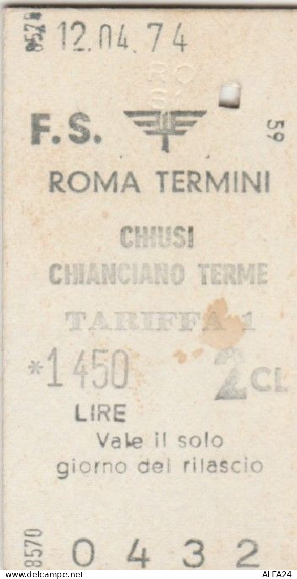 BIGLIETTO TRENO EDMONDSON ROMA CHIUSI CHIANCIANO 1974 L.1450 (XF198 - Europe