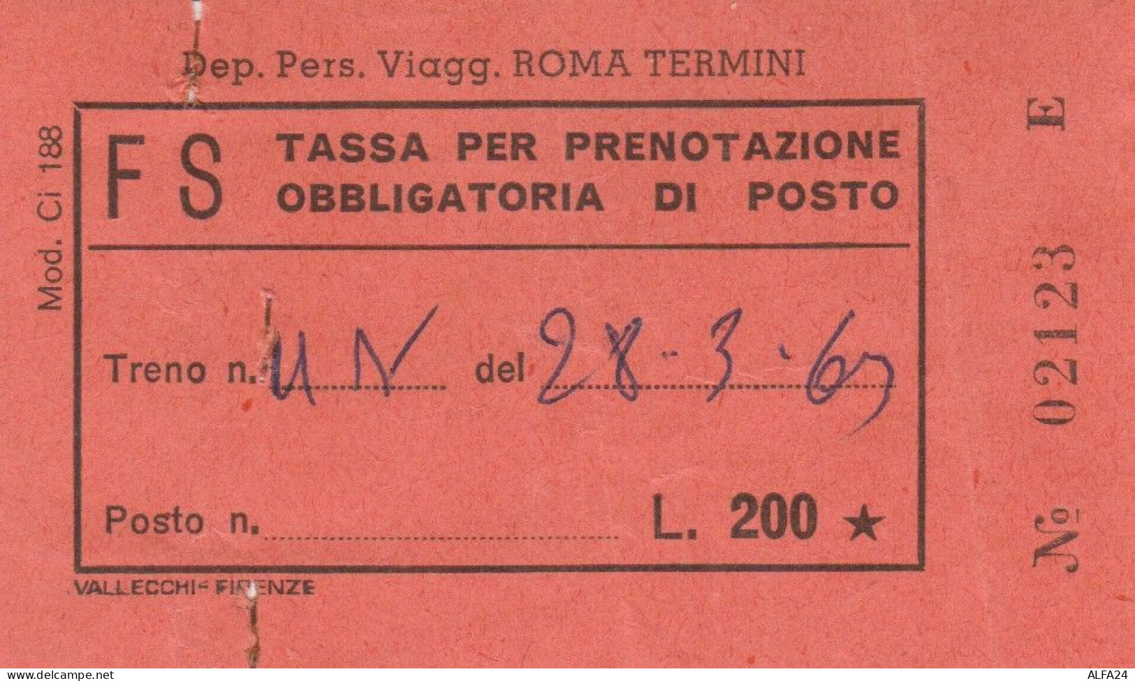 FERROVIE TASSA PER PRENOTAZIONE OBBLIGATORIA DI POSTO L.200 (XF190 - Europe