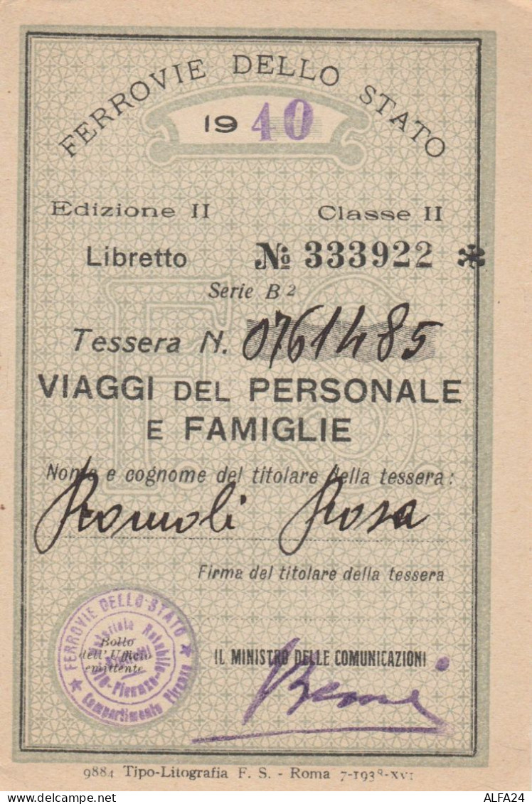 TESSERA VIAGGI DEL PERSONALE FERROVIE 1940 (XF159 - Europe