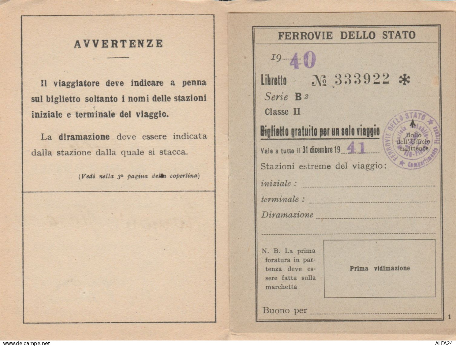 TESSERA VIAGGI DEL PERSONALE FERROVIE 1940 (XF159 - Europa