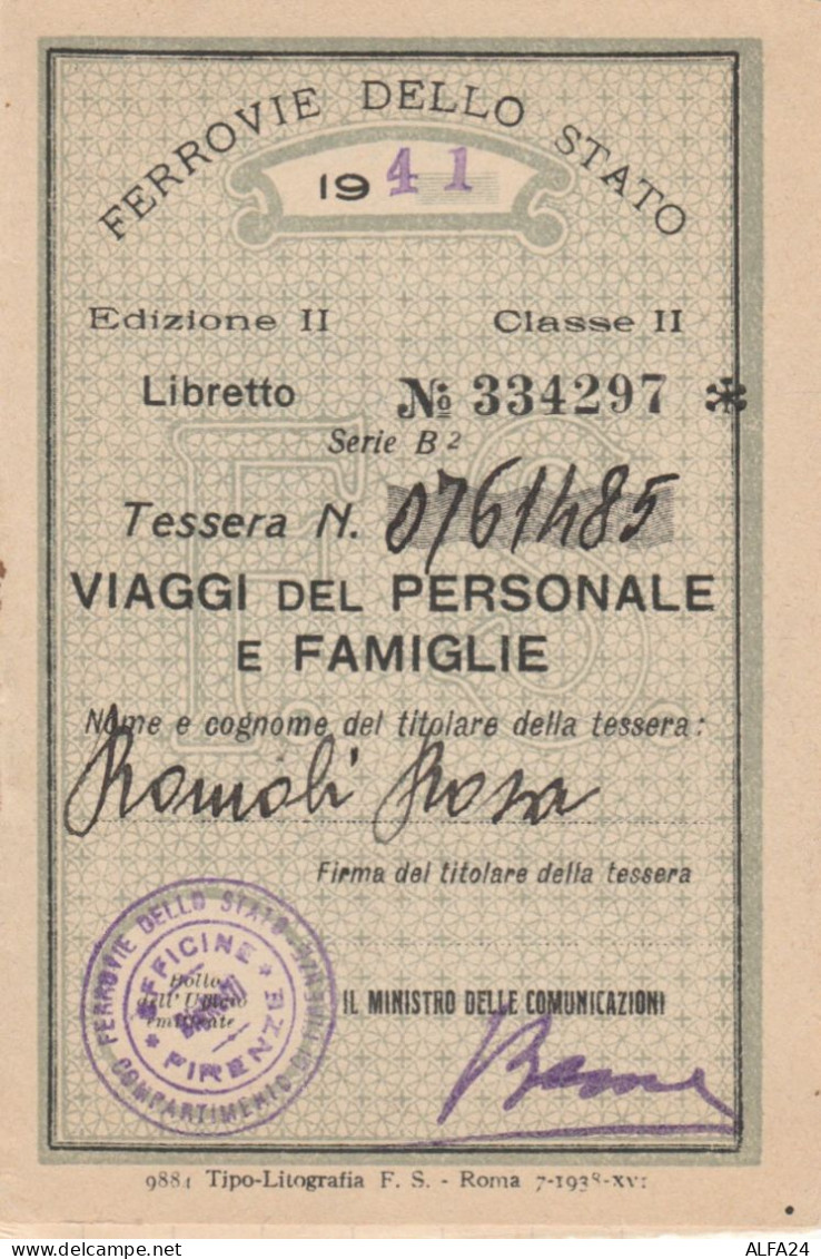 TESSERA VIAGGI DEL PERSONALE FERROVIE 1941 (XF160 - Europe