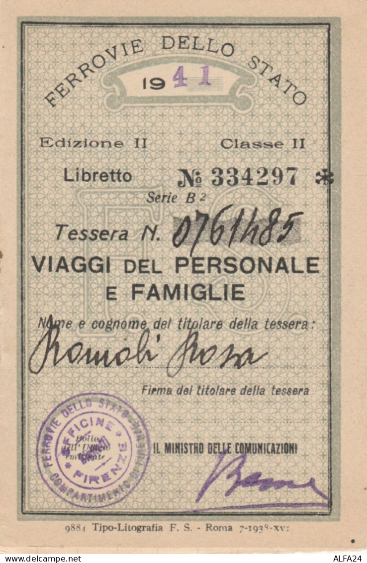 TESSERA VIAGGI DEL PERSONALE FERROVIE 1941 (XF160 - Europa