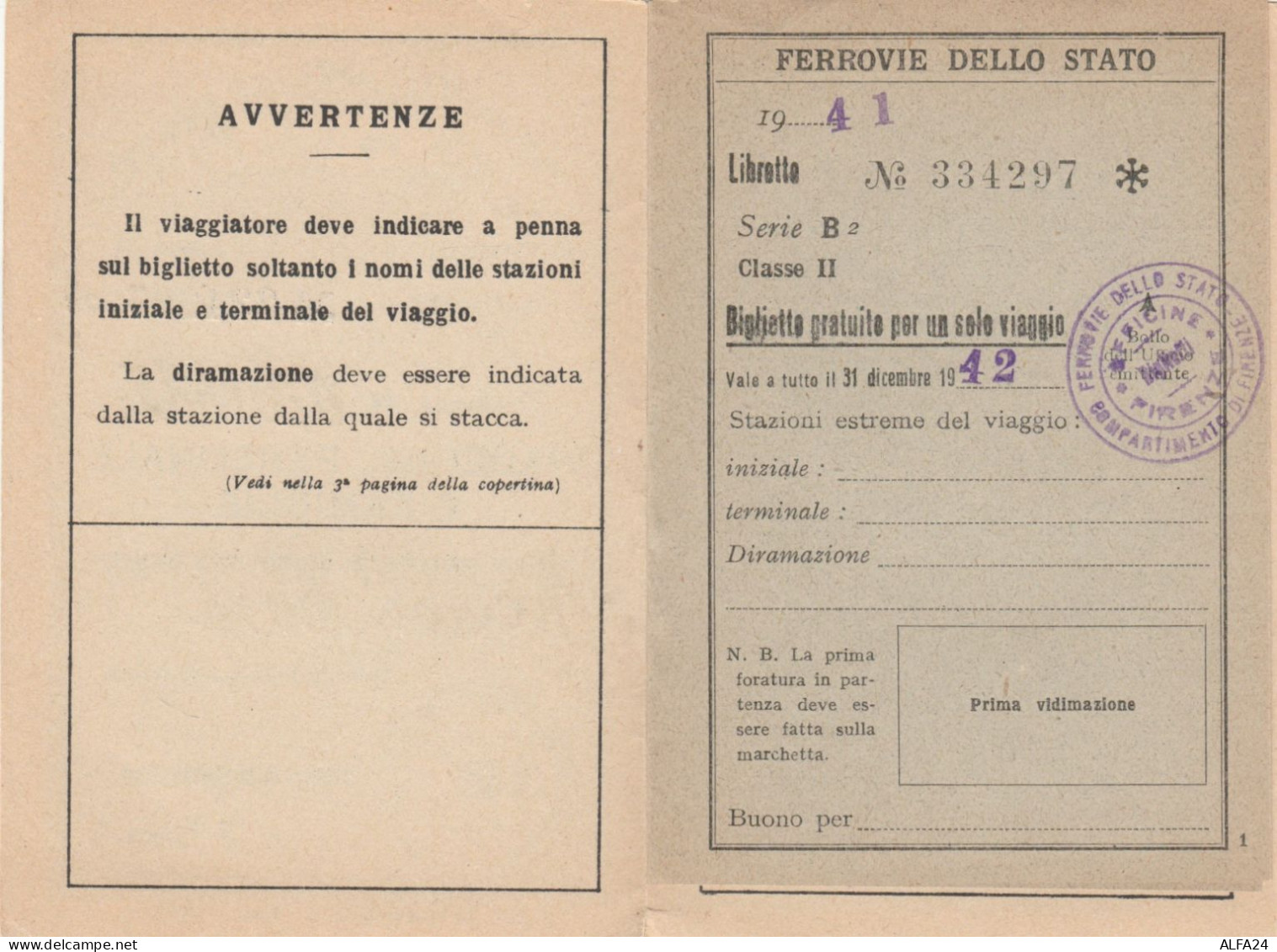 TESSERA VIAGGI DEL PERSONALE FERROVIE 1941 (XF160 - Europe