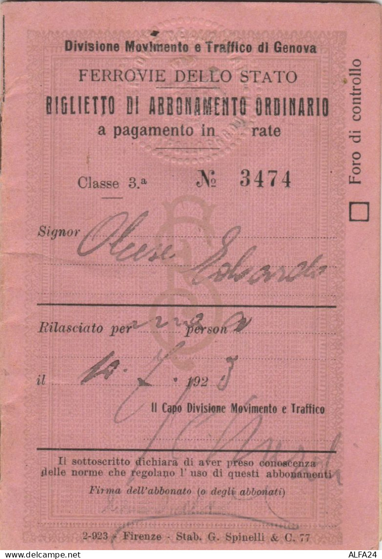 BIGLIETTO FERROVIE ABBONAMENTO 1923 -PAGAMENTO A RATE (XF151 - Europa