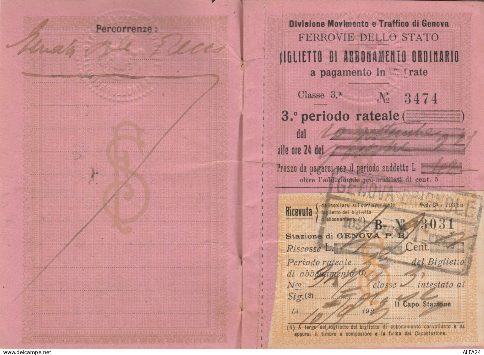 BIGLIETTO FERROVIE ABBONAMENTO 1923 -PAGAMENTO A RATE (XF151 - Europe