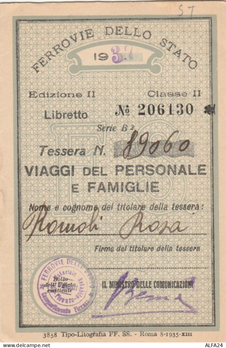 TESSERA VIAGGI DEL PERSONALE FERROVIE 1937 (XF156 - Europe